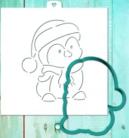 Cookie cutter and stencil set «Penguin in Christmas cap»